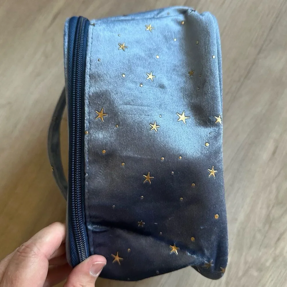 Smoky Blue Velour & Metallic Gold Stars Cosmetic Case Bag
